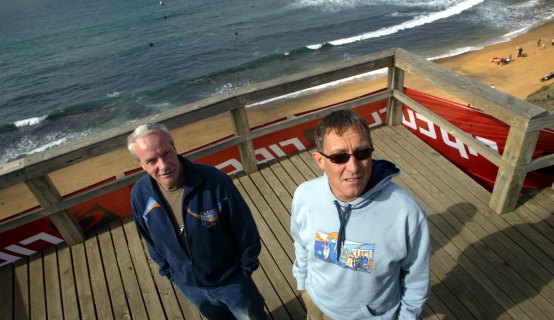 Rip Curl co-founders Brian Singer and Doug Warbrick at Bells Beach at the start of the Rip Curl Pro-Surfing championships in 2004.