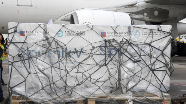 Boxes loaded with the Russian Sputnik V COVID-19 vaccine arrive at Tunis airport in Tunisia.