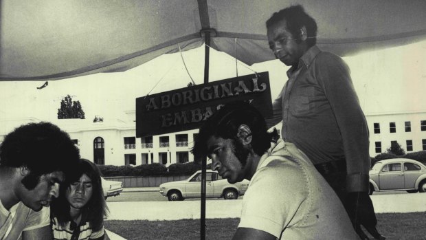 The Aboriginal Tent Embassy outside Parliament House in 1973.