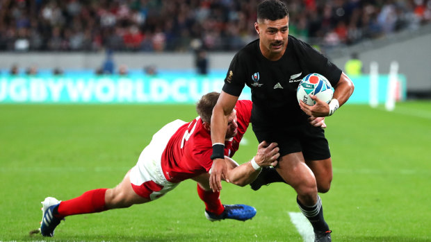 Richie Mo'unga scores for the All Blackjs during their 40-17 Rugby World Cup third-place play-off win over Wales.