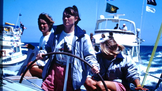 Tracy Edwards at the helm of the Maiden in the 1989-90 Whitbread round-the-world race. 