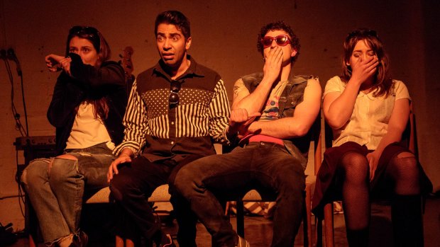 Grace Cummings, Sahil Saluja, Zachary Giles Pidd, and Brigid Gallacher (left to right) in in Prehistoric. 