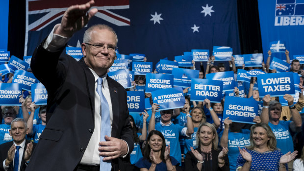 Prime Minister Scott Morrison at a rally at Sydney Olympic Park on Sunday.
