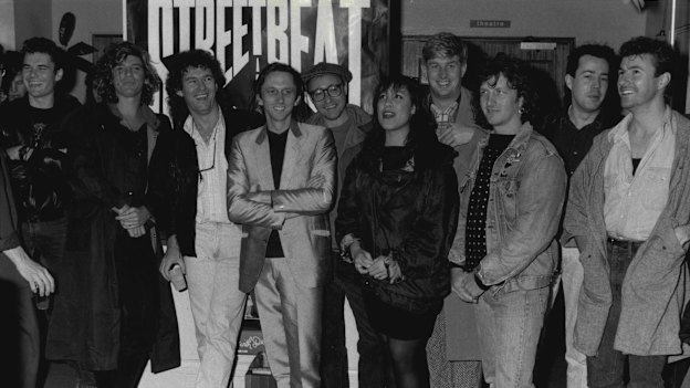 Some of the 1986 Australian Made line-up (left to right): Jon Farriss, Michael Hutchence, Jimmy Barnes, Reg Mombassa, Wayne DeLisle, Kate Ceberano, Greedy Smith, Martin Plaza, Warren McLean and Gary Beers.