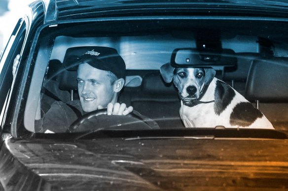 Bulldogs footballer Will Hayes arrives for a drive-through COVID test before training.