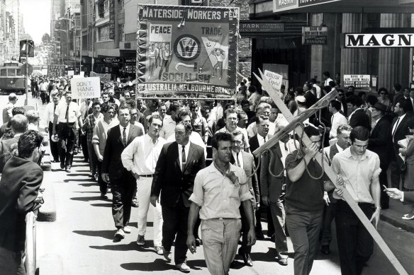 Waterside workers, among others, march to Parliament House to protest against the state governments decision to hang convicted murderer Ronald Joseph Ryan.