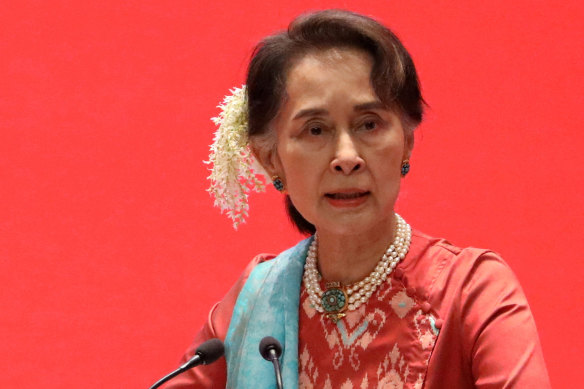 Then de facto Myanmar leader Aung San Suu Kyi attends an investment forum in Naypyitaw in 2019.