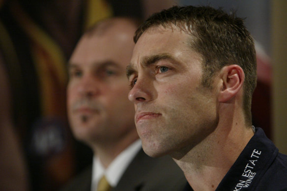 Jason Dunstall and Clarkson in 2004, when Clarkson was announced as Hawks coach.