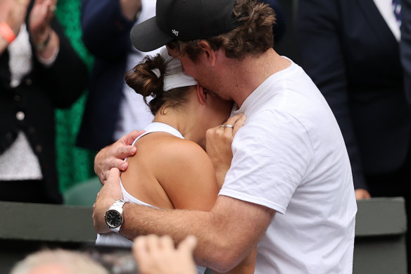 Ash Barty with then-boyfriend Garry Kissick after her Wimbledon win in July 2021.