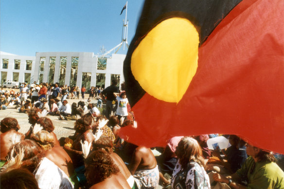 Indigenous Australians protest outside Parliament House in 1993.