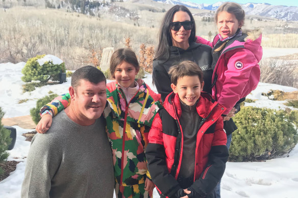 Erica with her children, Indigo, Jackson and Emmanuelle, and their father, James Packer, in Aspen in 2017.