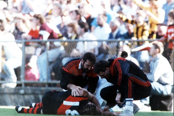 Paul Vander Haar after the collision with Dermott Brereton. 