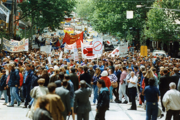 Workers protest against Kennett government industrial changes in 1992.