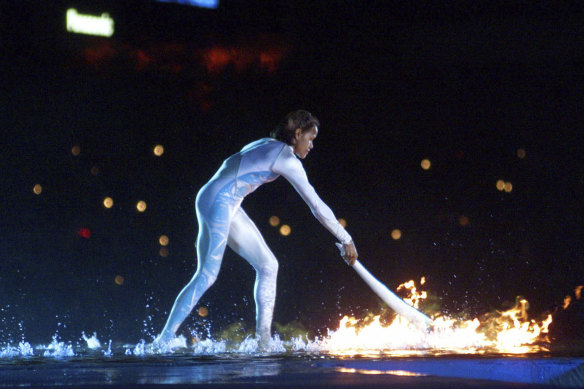 Cathy Freeman ignites the Olympic flame. 