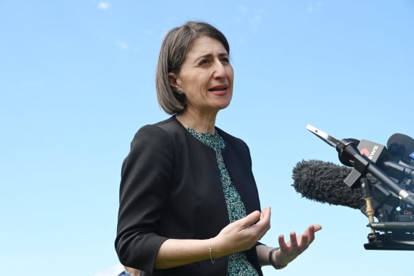 NSW Premier Gladys Berejiklian speaking to reporters on Monday. 