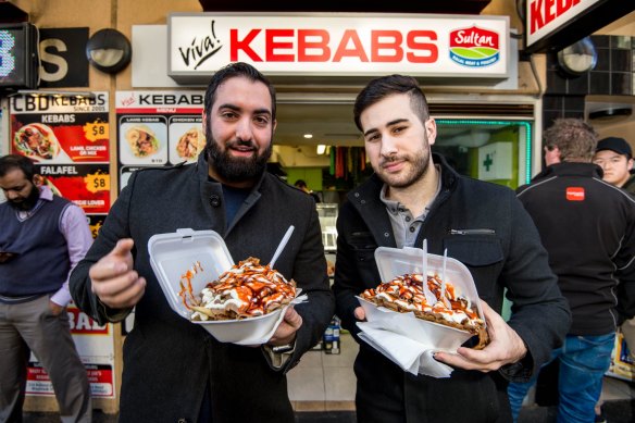 Halal snack pack fans Harry Kaloyirou and Daniel Costabile.
