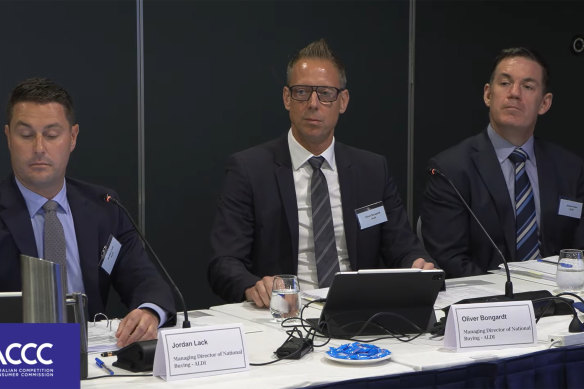 Aldi executives at the ACCC inquiry on Monday (from left): Managing director of national buying Jordan Lack; managing director of national buying Oliver Bongardt; and managing director of real estate Andrew Starr.