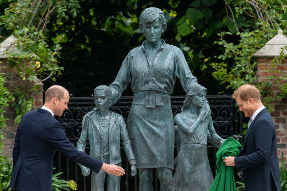 Prince William and Harry during the unveiling of a statue they commissioned of their late mother. Harry brought his own security detail from the US for the visit.