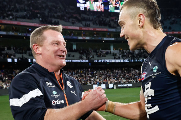 Blues coach Michael Voss with his skipper Patrick Cripps after last Friday’s win over Collingwood.