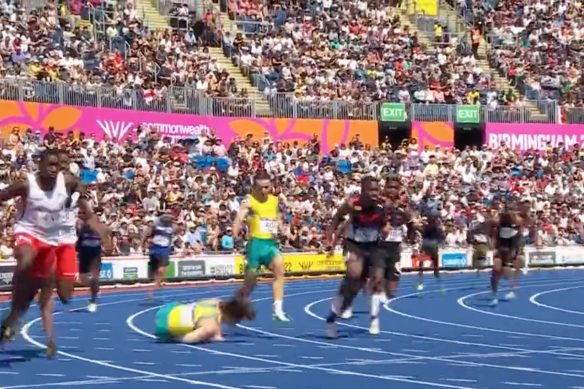 Australia’s Rohan Browning falls over in the heats of the men’s 4x100m relay.