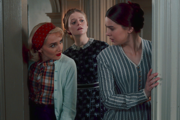“This new breed of heroine is ambitious and sex positive, with impeccably modern politics”; Chloe Fineman, Anna Baryshnikov and Hailee Steinfeld in Dickinson.