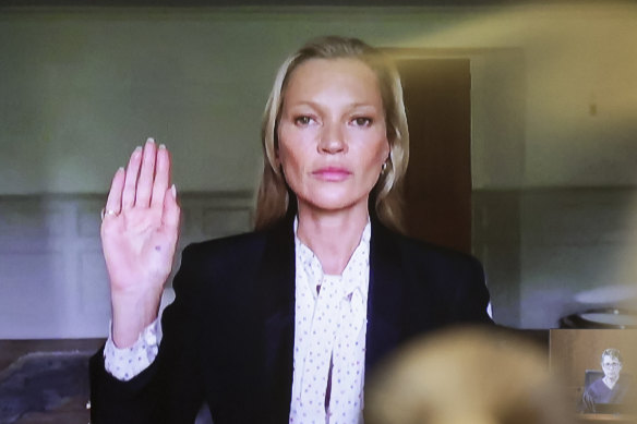 Kate Moss testifies via video link at the Fairfax County Circuit Courthouse on Wednesday.