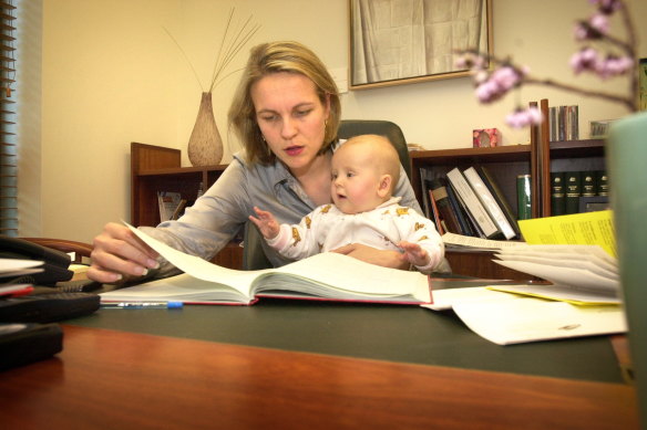 Plibersek in her Canberra office with baby Anna in 2001. 