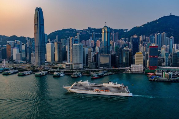The Viking Sun cruising Victoria Harbour, Hong Kong.