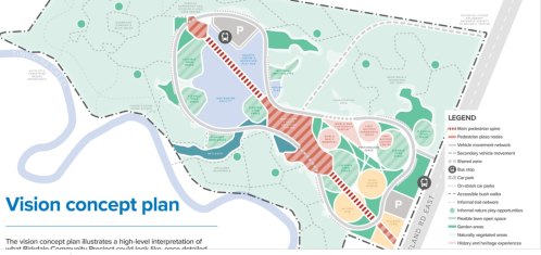 Concept plan for the Birkdale Community Precinct which includes the 2032 Games whitewater sports venue, walking trails, entertainment venues and heritage sites.