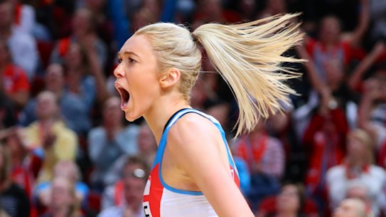 Helen Housby fires up after scoring a goal for the Swifts against the Firebirds on Saturday.