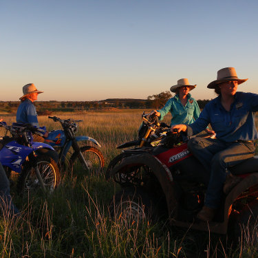 Sisters Bonnie, Jemima, Matilda and Molly Penfold enjoy the sunset after a ride at ‘Old Bombine’ in Meandarra.