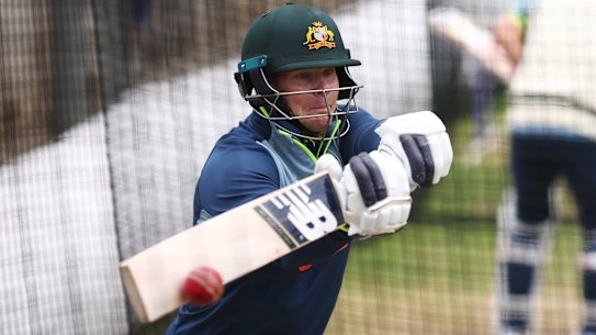 Steve Smith watching the ball closely in the nets at the MCG on Christmas Eve.