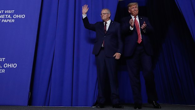 Prime Minister Scott Morrison and United States President Donald Trump greet the crowd in Ohio. 