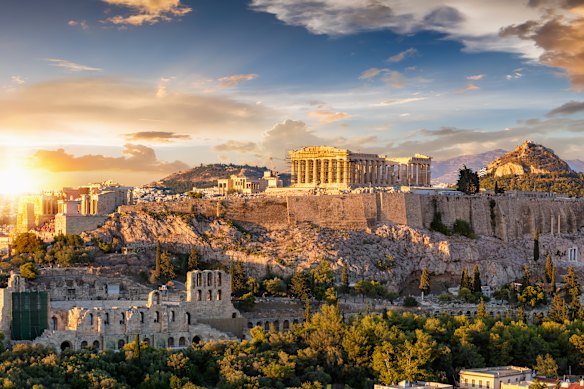 The Acropolis of Athens, Greece, with the Parthenon Temple atop the hill.