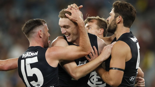 Oscar McDonald celebrates his first goal for Carlton.