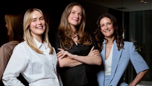 Kic co-founders Laura Henshaw (black dress), Stephanie Miller (white shirt) and ‘external’ CEO Jane Martino (blue) in their South Yarra office in Melbourne, Victoria.