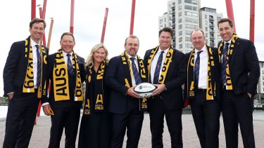 Rugby Australia's successful bid team in Dublin (from left) Patrick Eyers, Phil Kearns, Pip Marlow, Andy Marinos, Hamish McLennan, Brett Robinson and Anthony French.