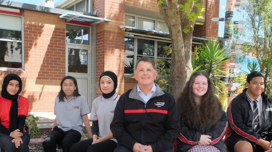 Hampton Park Secondary College students with the principal L-R Fadak Jabbar, Vernon Santiago, Zahra Akhlaqee, Wayne Haworth, Paige Read, Skyline Paileguto.