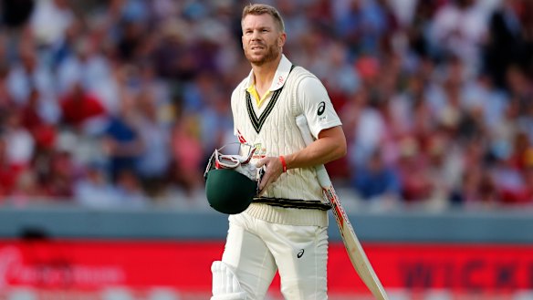 Gone: David Warner departs for three after being bowled by Stuart Broad.