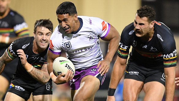 Late show: Marion Seve of the Storm makes a break before scoring at Carrington Park, Bathurst.