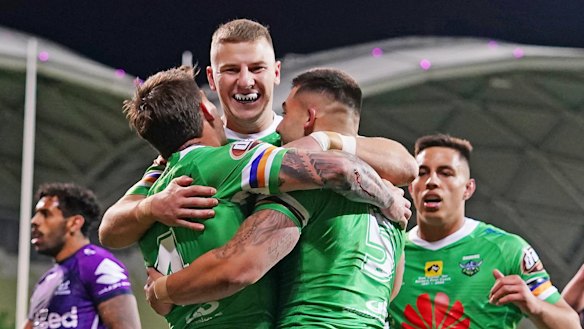 George Williams celebrates a Canberra try  during the Raiders' big win over the Storm in round 3.