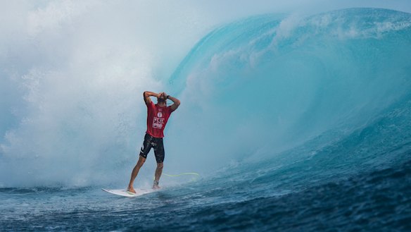 I’m a disbeliever: Owen Wright moments after his second perfect 10 ride at Fiji’s Cloudbreak in 2015.