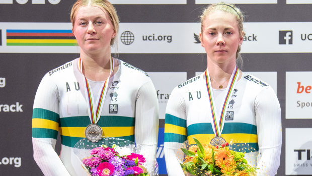Kaarle McCulloch with Steph Morton after winning team sprint silver at the world titles in February.