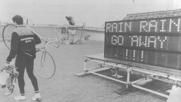 The scene at the Meadowbank velodrome after rain delayed events. 