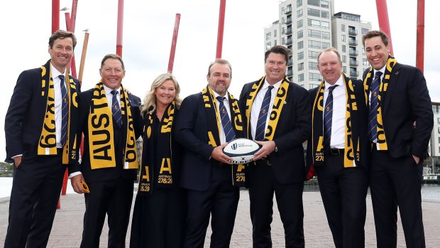 Rugby Australia’s successful bid team in Dublin (from left) Patrick Eyers, Phil Kearns, Pip Marlow, Andy Marinos, Hamish McLennan, Brett Robinson and Anthony French.