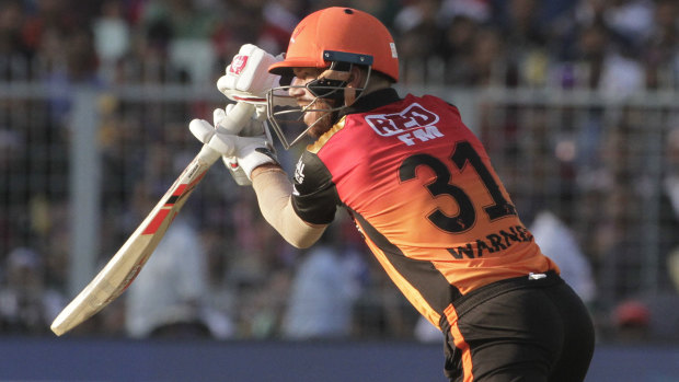 David Warner on the attack for the Sunrisers Hyderabad in their IPL game against Kolkata Knight Riders.