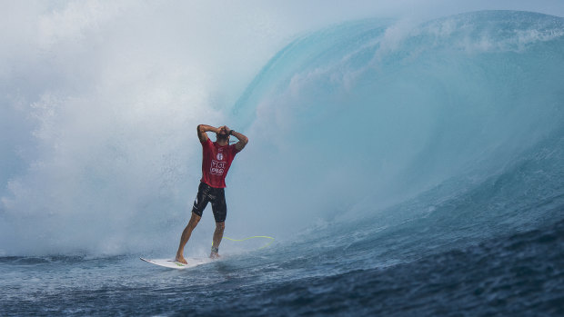I’m a disbeliever: Owen Wright moments after his second perfect 10 ride at Fiji’s Cloudbreak in 2015.