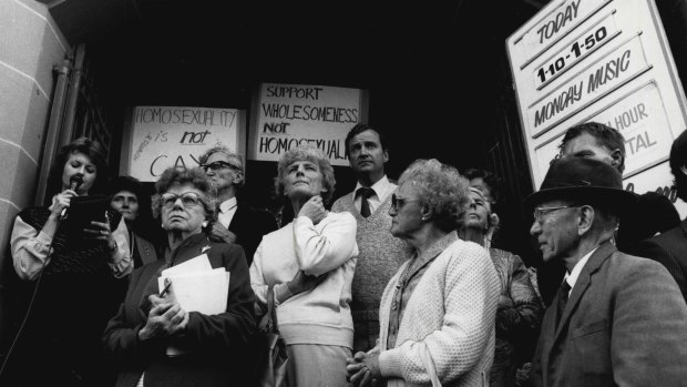 Christian opponents of the Crime (Amendment) Bill gather on May 15, 1984.