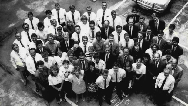 The first, and possibly last, group photograph of some of the inquiry's legal officers, legal assistants, investigative support staff, accountants, clerical and secretarial staff, investigative police, administrative officers and criminal analysts.
