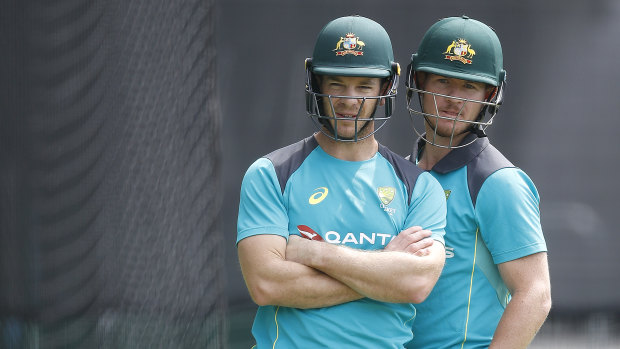 Australian skipper Tim Paine (left) with D'Arcy Short in England in June.